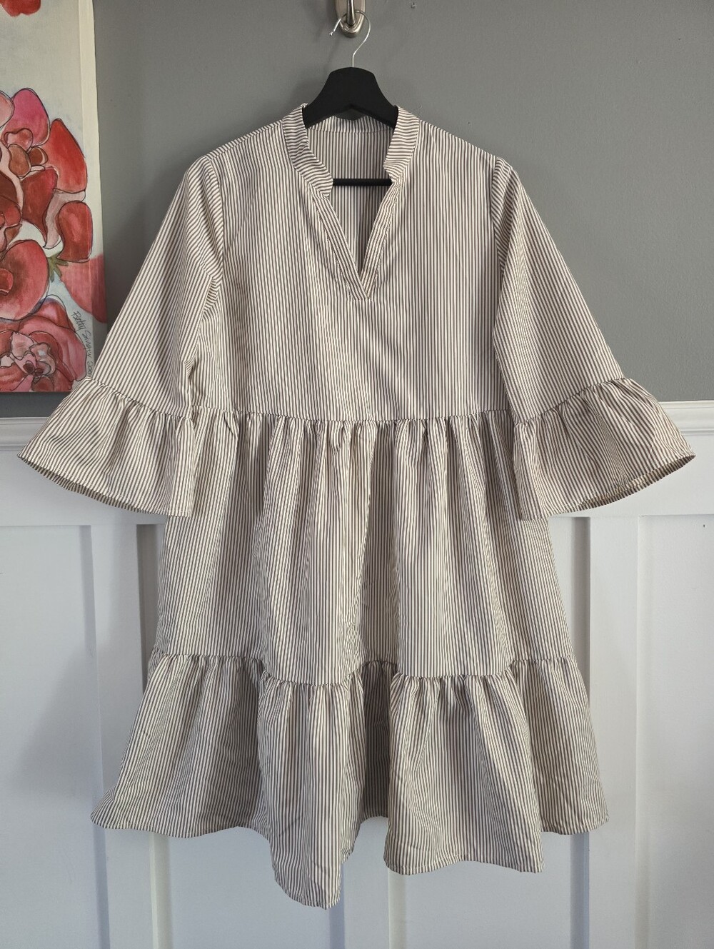 FIMARSTED Prairie-Style Tiered Dress – Beige & White Fine Stripes , Size L - Picture 2 of 13